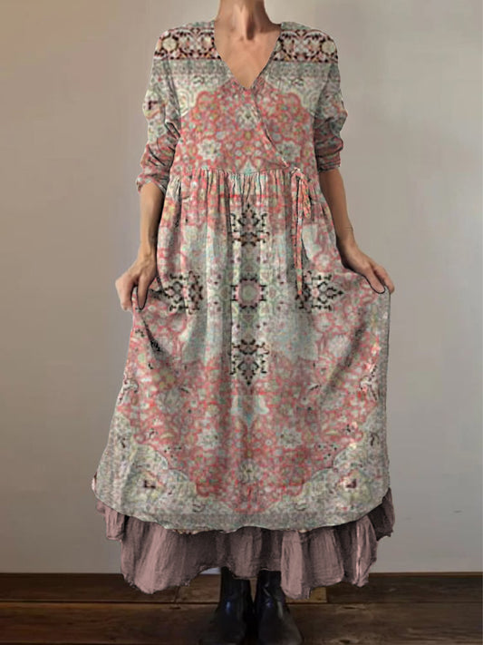 Retro Boho Floral Εκτύπωση Vintage V-Neck διπλό κομμάτι βαμβάκι μακριά μανίκι φόρεμα Midi