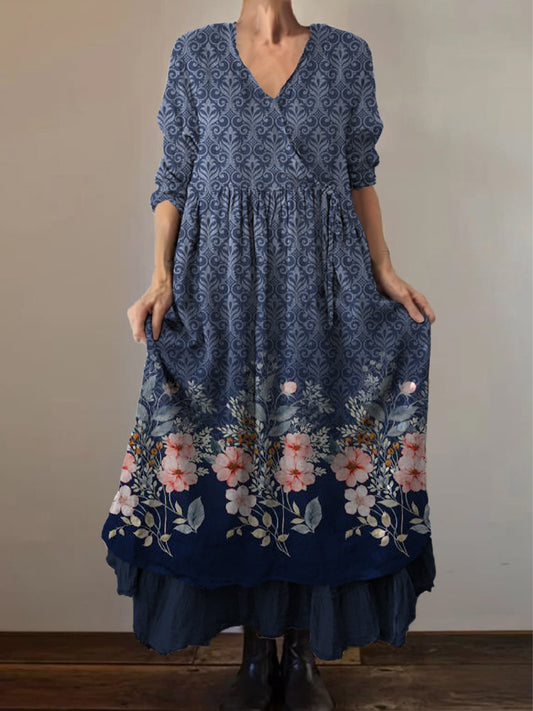 Retro Boho Floral Εκτύπωση Vintage V-Neck διπλό κομμάτι βαμβάκι μακριά μανίκι φόρεμα Midi