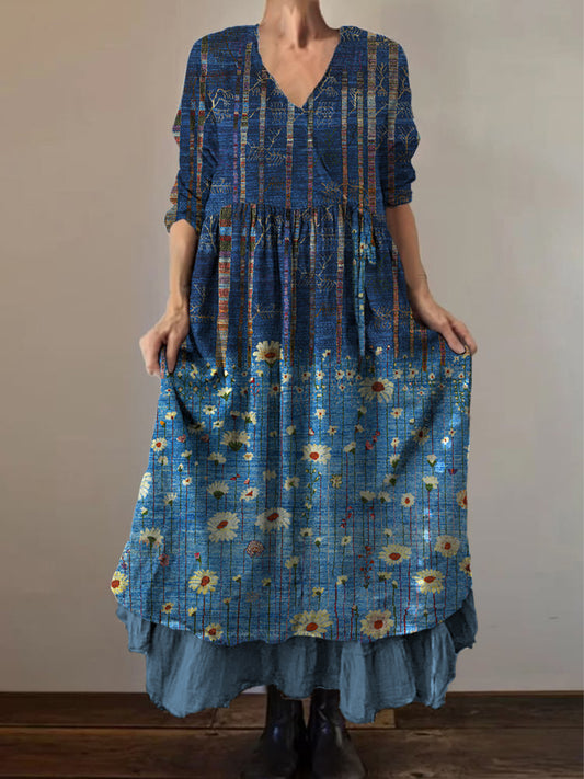 Retro Boho Floral Εκτύπωση Vintage V-Neck διπλό κομμάτι βαμβάκι μακριά μανίκι φόρεμα Midi