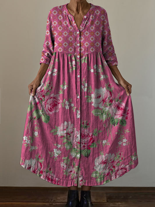 Retro Boho Ανθοπωλεία Τέχνης Εκτύπωση Vintage Chic V-Neck κουμπί μέχρι μακριά μανίκι φόρεμα Midi