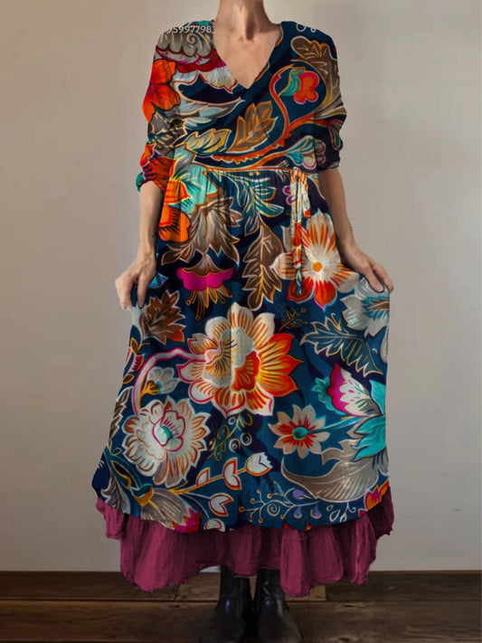 Retro Boho εθνικό εκτύπωμα Vintage V-Neck διπλό Hemline βαμβάκι μακριά μανίκι φόρεμα Midi