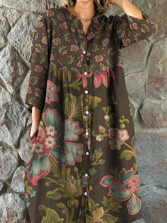 Retro Boho Ανθοπωλεία Τέχνης Εκτύπωση Vintage Chic V-Neck κουμπί μέχρι μακριά μανίκι φόρεμα Midi