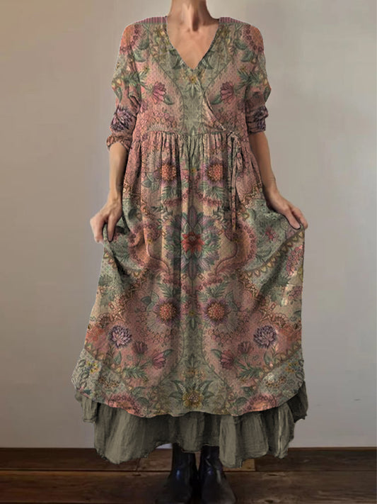 Retro Boho Floral Εκτύπωση Vintage V-Neck διπλό κομμάτι βαμβάκι μακριά μανίκι φόρεμα Midi
