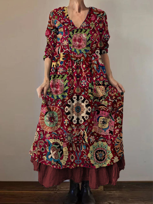 Retro Boho Floral Εκτύπωση Vintage V-Neck διπλό κομμάτι βαμβάκι μακριά μανίκι φόρεμα Midi