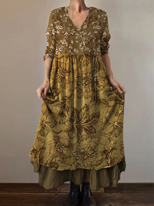 Retro Boho Floral Εκτύπωση Vintage V-Neck διπλό κομμάτι βαμβάκι μακριά μανίκι φόρεμα Midi