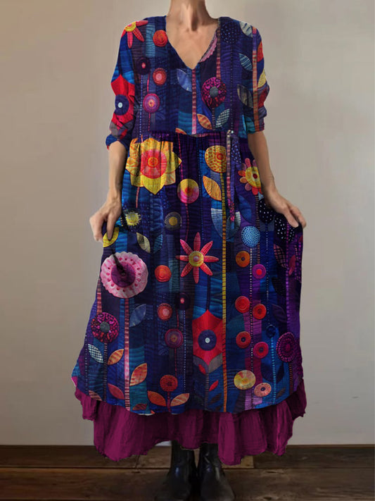 Retro Boho Floral Εκτύπωση Vintage V-Neck διπλό κομμάτι βαμβάκι μακριά μανίκι φόρεμα Midi