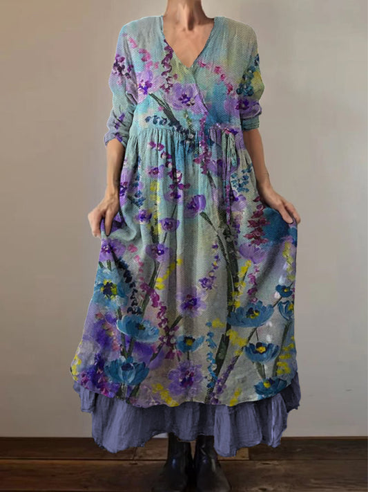 Retro Boho Floral Εκτύπωση Vintage V-Neck διπλό κομμάτι βαμβάκι μακριά μανίκι φόρεμα Midi