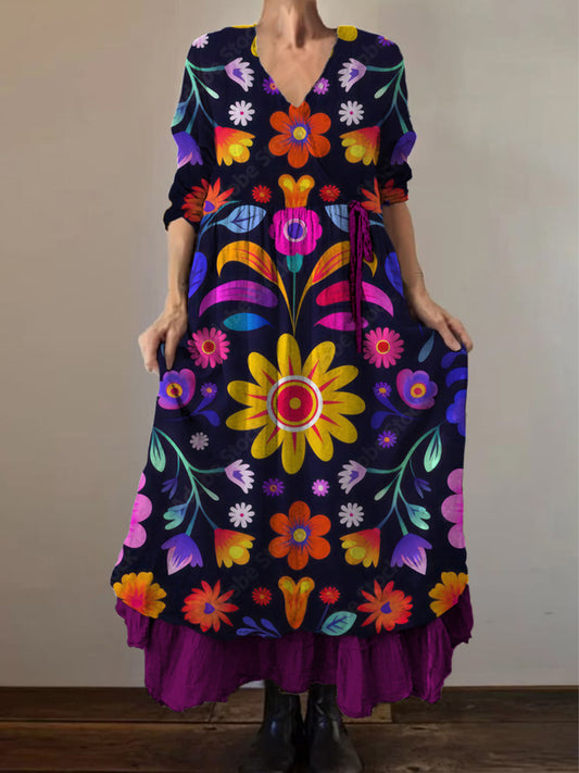 Retro Boho εθνικό εκτύπωμα Vintage V-Neck διπλό Hemline βαμβάκι μακριά μανίκι φόρεμα Midi