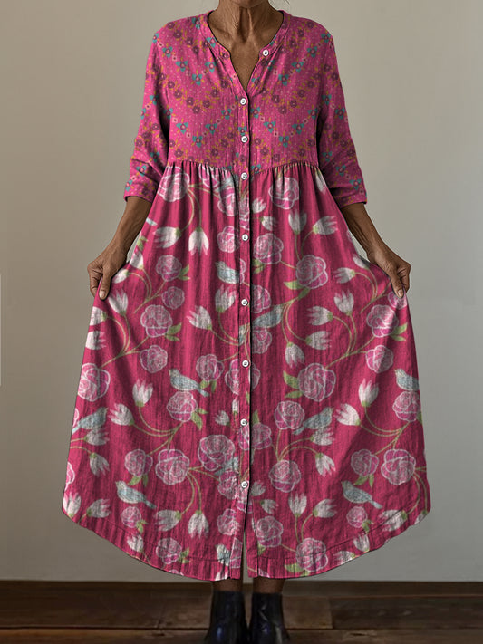 Retro Boho Ανθοπωλεία Τέχνης Εκτύπωση Vintage Chic V-Neck κουμπί μέχρι μακριά μανίκι φόρεμα Midi