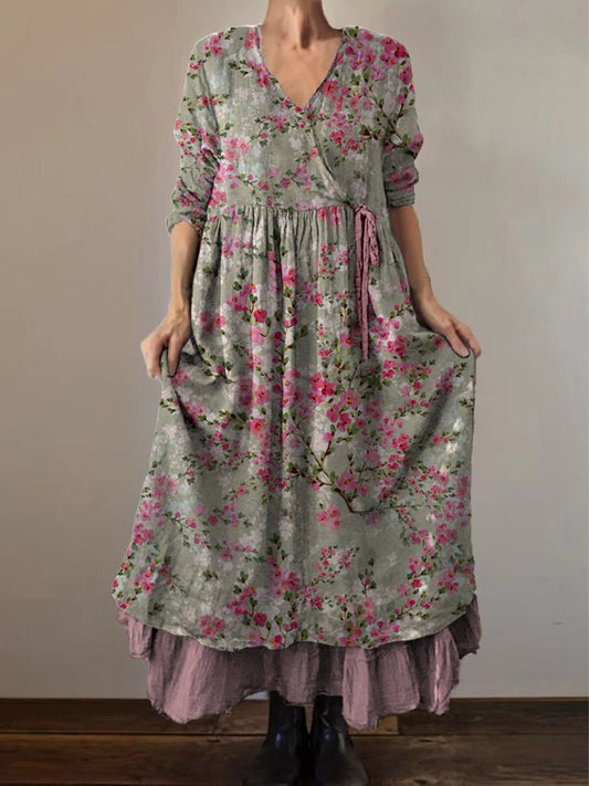Retro Boho Floral Εκτύπωση Vintage V-Neck διπλό κομμάτι βαμβάκι μακριά μανίκι φόρεμα Midi