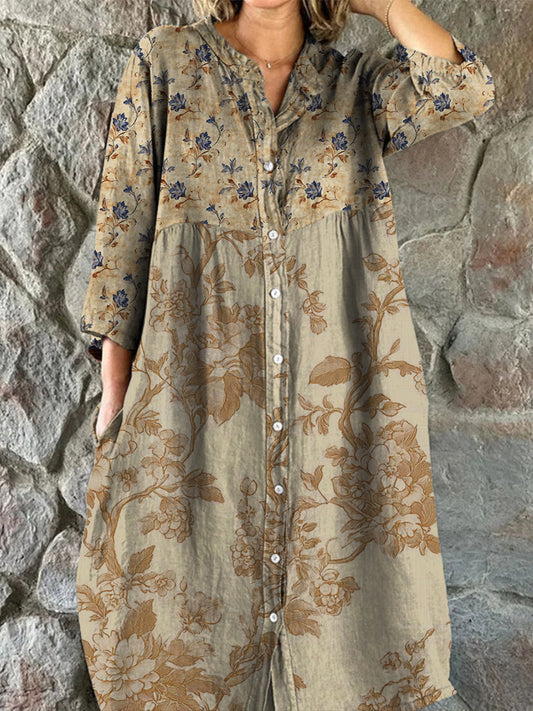 Retro Boho Ανθοπωλεία Τέχνης Εκτύπωση Vintage Chic V-Neck κουμπί μέχρι μακριά μανίκι φόρεμα Midi