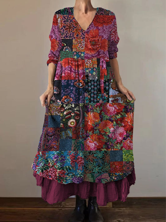 Retro Boho Floral Εκτύπωση Vintage V-Neck διπλό κομμάτι βαμβάκι μακριά μανίκι φόρεμα Midi