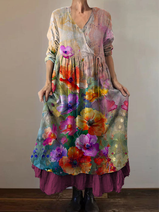 Retro Boho Floral Εκτύπωση Vintage V-Neck διπλό κομμάτι βαμβάκι μακριά μανίκι φόρεμα Midi