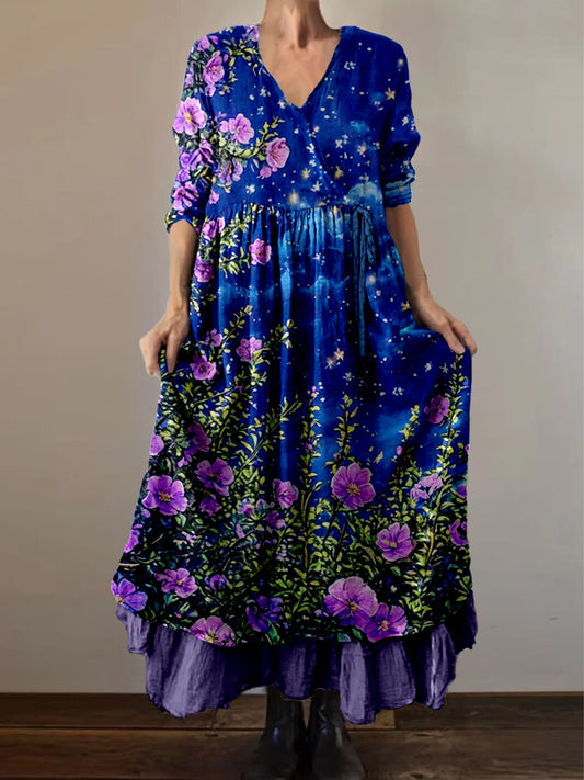 Retro Boho Floral Εκτύπωση Vintage V-Neck διπλό κομμάτι βαμβάκι μακριά μανίκι φόρεμα Midi