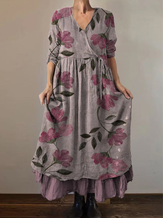 Retro Boho Floral Εκτύπωση Vintage V-Neck διπλό κομμάτι βαμβάκι μακριά μανίκι φόρεμα Midi