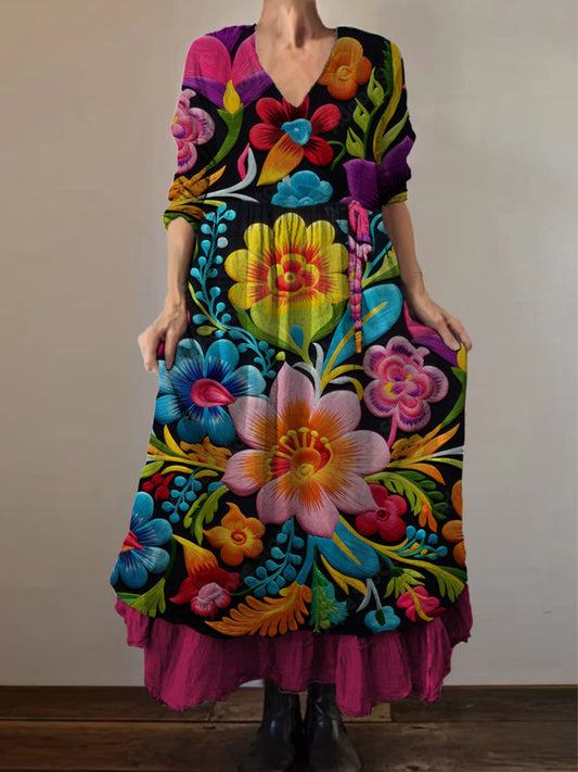 Retro Boho εθνικό εκτύπωμα Vintage V-Neck διπλό Hemline βαμβάκι μακριά μανίκι φόρεμα Midi