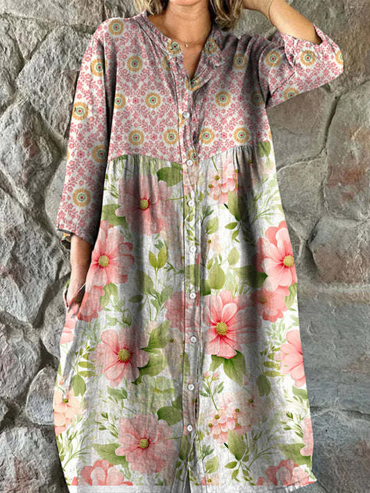 Retro Boho Ανθοπωλεία Τέχνης Εκτύπωση Vintage Chic V-Neck κουμπί μέχρι μακριά μανίκι φόρεμα Midi