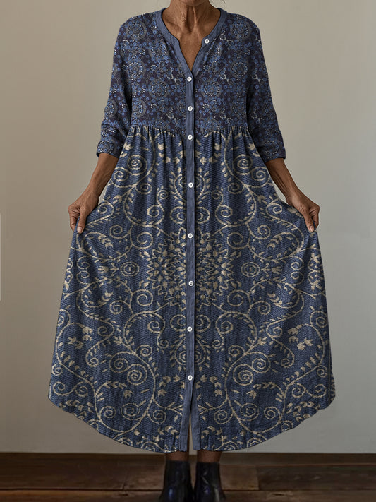 Retro Boho Ανθοπωλεία Τέχνης Εκτύπωση Vintage Chic V-Neck κουμπί μέχρι μακριά μανίκι φόρεμα Midi