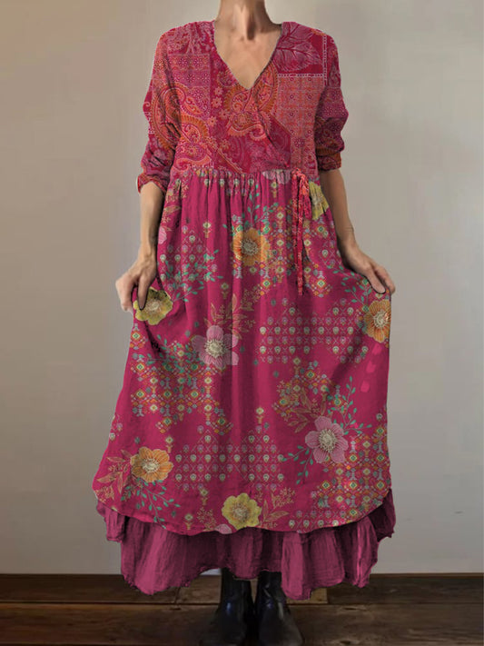 Retro Boho Floral Εκτύπωση Vintage V-Neck διπλό κομμάτι βαμβάκι μακριά μανίκι φόρεμα Midi