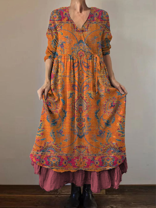 Retro Boho Floral Εκτύπωση Vintage V-Neck διπλό κομμάτι βαμβάκι μακριά μανίκι φόρεμα Midi