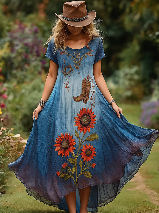 Retro Floral Art Εκτύπωση Vintage στρογγυλό λαιμό κοντά μανίκια βαμβάκι Maxi φόρεμα