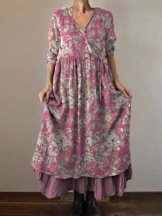 Retro Boho Floral Εκτύπωση Vintage V-Neck διπλό κομμάτι βαμβάκι μακριά μανίκι φόρεμα Midi