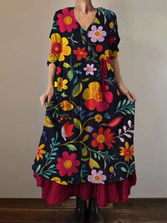 Retro Boho εθνικό εκτύπωμα Vintage V-Neck διπλό Hemline βαμβάκι μακριά μανίκι φόρεμα Midi