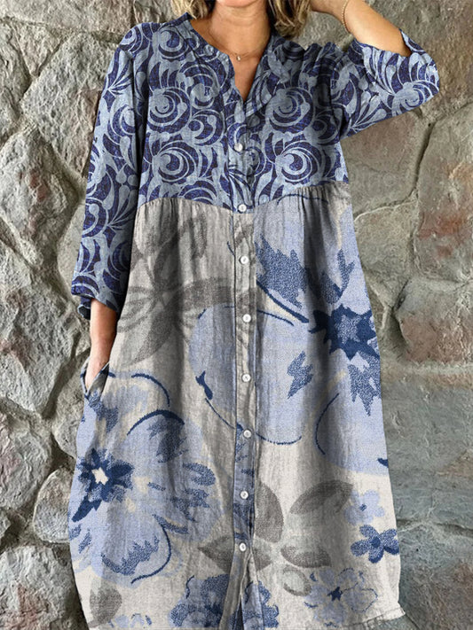 Retro Boho Ανθοπωλεία Τέχνης Εκτύπωση Vintage Chic V-Neck κουμπί μέχρι μακριά μανίκι φόρεμα Midi