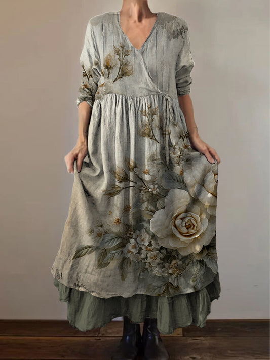 Retro Boho Floral Εκτύπωση Vintage V-Neck διπλό κομμάτι βαμβάκι μακριά μανίκι φόρεμα Midi