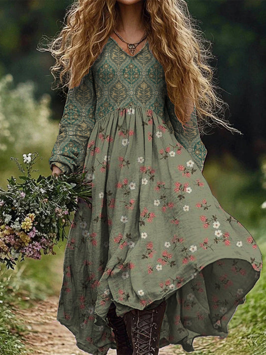 Retro Boho Floral Εκτύπωση Vintage Chic V-Neck βαμβάκι μακρύ μανίκι φόρεμα Midi