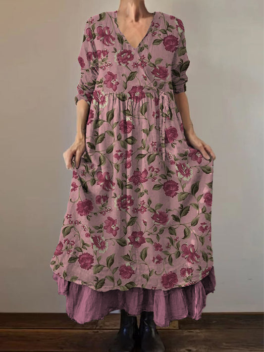 Retro Boho Floral Εκτύπωση Vintage V-Neck διπλό κομμάτι βαμβάκι μακριά μανίκι φόρεμα Midi