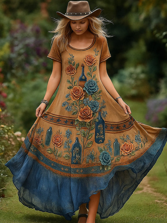 Retro Floral Art Εκτύπωση Vintage στρογγυλό λαιμό κοντά μανίκια βαμβάκι Maxi φόρεμα