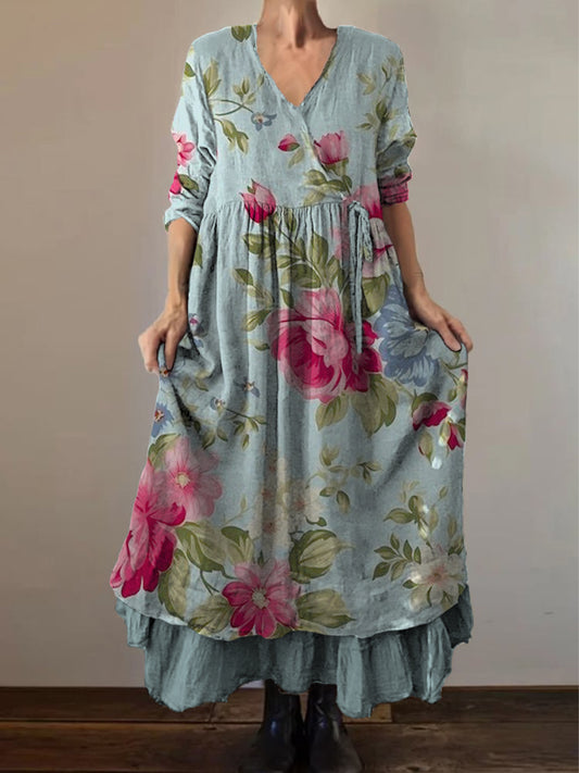Retro Boho Floral Εκτύπωση Vintage V-Neck διπλό κομμάτι βαμβάκι μακριά μανίκι φόρεμα Midi