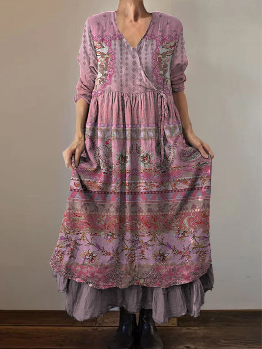 Retro Boho Floral Εκτύπωση Vintage V-Neck διπλό κομμάτι βαμβάκι μακριά μανίκι φόρεμα Midi