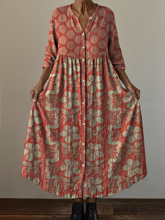 Retro Boho Ανθοπωλεία Τέχνης Εκτύπωση Vintage Chic V-Neck κουμπί μέχρι μακριά μανίκι φόρεμα Midi