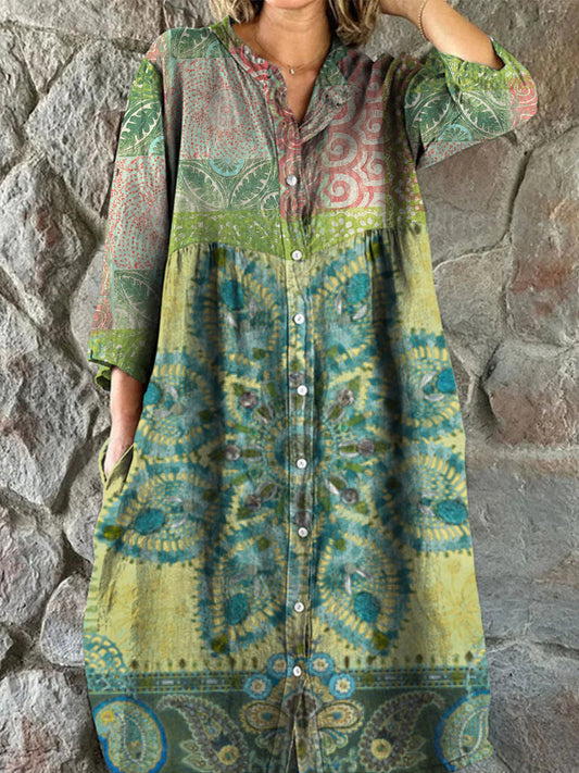 Retro Boho Ανθοπωλεία Τέχνης Εκτύπωση Vintage Chic V-Neck κουμπί μέχρι μακριά μανίκι φόρεμα Midi