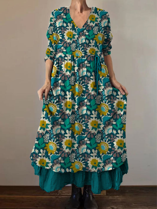 Retro Boho εθνικό εκτύπωμα Vintage V-Neck διπλό Hemline βαμβάκι μακριά μανίκι φόρεμα Midi