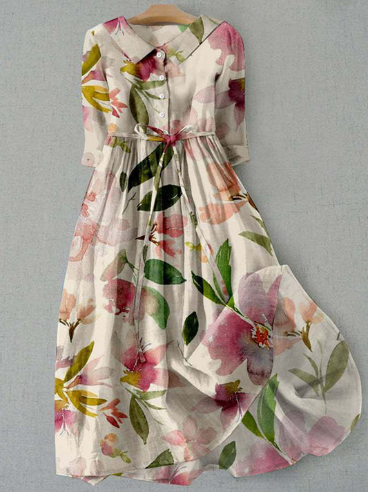 Retro Boho Floral Εκτύπωση Vintage Chic στρογγυλό λαιμό κουμπί μακριά μανίκι φόρεμα Midi