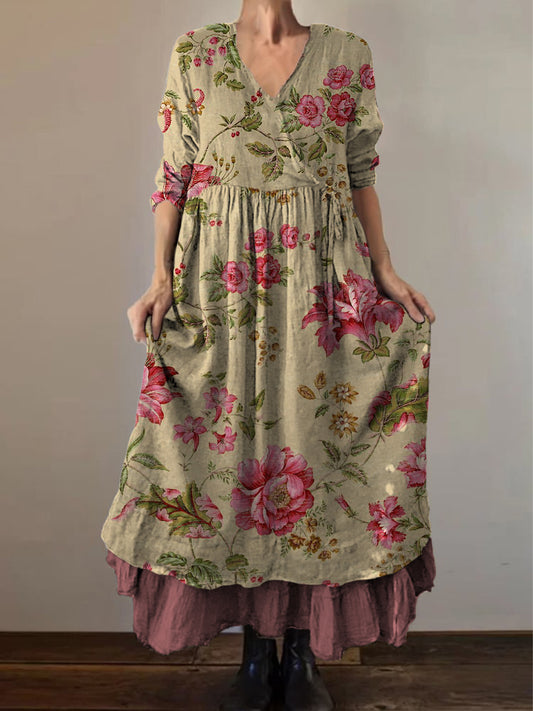 Retro Boho Floral Εκτύπωση Vintage V-Neck διπλό κομμάτι βαμβάκι μακριά μανίκι φόρεμα Midi