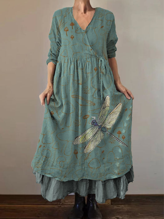 Retro Boho Floral Εκτύπωση Vintage V-Neck διπλό κομμάτι βαμβάκι μακριά μανίκι φόρεμα Midi