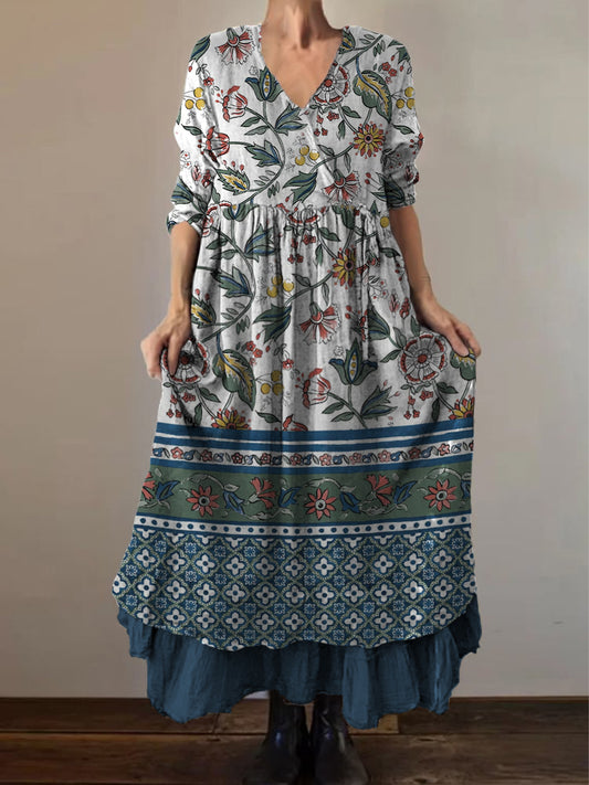 Retro Boho Floral Εκτύπωση Vintage V-Neck διπλό κομμάτι βαμβάκι μακριά μανίκι φόρεμα Midi
