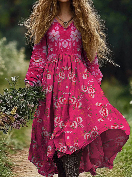 Retro Boho Floral Εκτύπωση Vintage Chic V-Neck βαμβάκι μακρύ μανίκι φόρεμα Midi