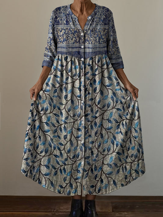 Retro Boho Ανθοπωλεία Τέχνης Εκτύπωση Vintage Chic V-Neck κουμπί μέχρι μακριά μανίκι φόρεμα Midi