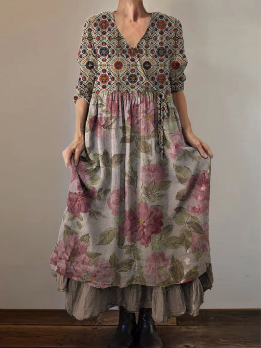 Retro Boho Floral Εκτύπωση Vintage V-Neck διπλό κομμάτι βαμβάκι μακριά μανίκι φόρεμα Midi