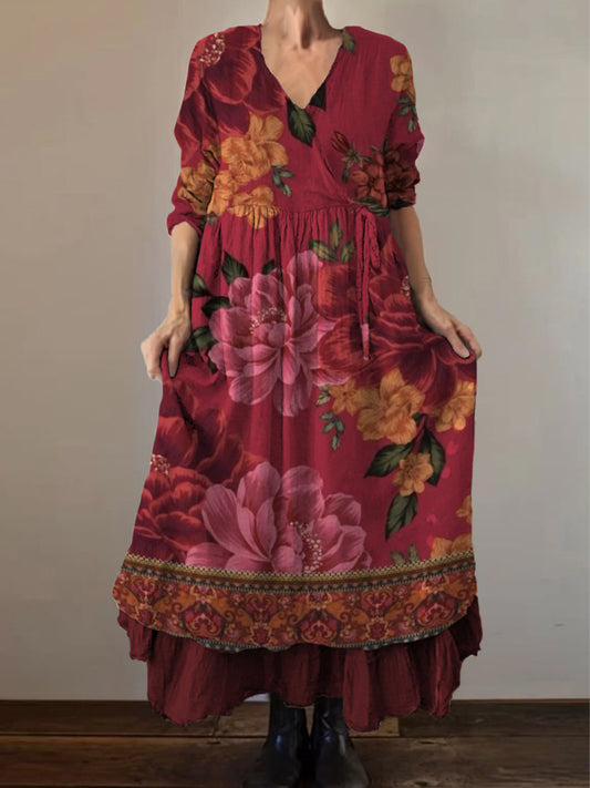 Retro Boho εθνικό εκτύπωμα Vintage V-Neck διπλό Hemline βαμβάκι μακριά μανίκι φόρεμα Midi