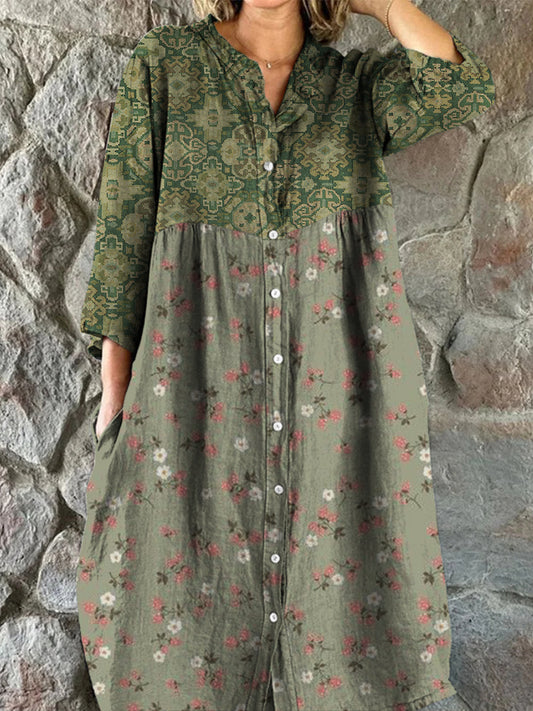 Retro Boho Ανθοπωλεία Τέχνης Εκτύπωση Vintage Chic V-Neck κουμπί μέχρι μακριά μανίκι φόρεμα Midi