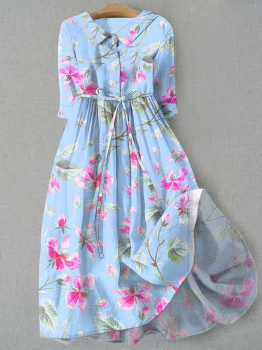 Retro Boho Floral Εκτύπωση Vintage Chic στρογγυλό λαιμό κουμπί μακριά μανίκι φόρεμα Midi