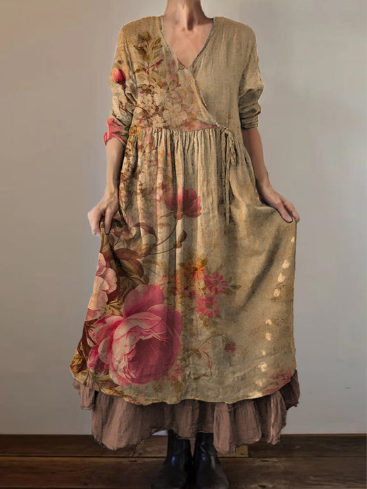 Retro Boho Floral Εκτύπωση Vintage V-Neck διπλό κομμάτι βαμβάκι μακριά μανίκι φόρεμα Midi