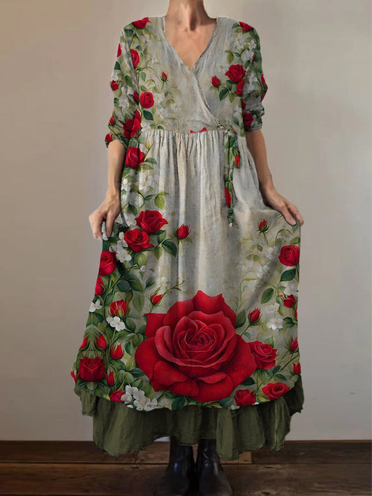 Retro Boho Floral Εκτύπωση Vintage V-Neck διπλό κομμάτι βαμβάκι μακριά μανίκι φόρεμα Midi