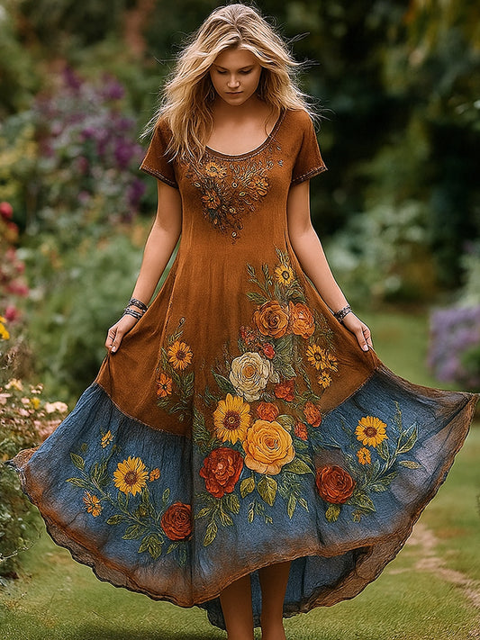 Retro Floral Art Εκτύπωση Vintage στρογγυλό λαιμό κοντά μανίκια βαμβάκι Maxi φόρεμα